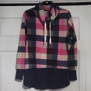 Cozy Plaid Cowl Neck Top - Pink and Navy